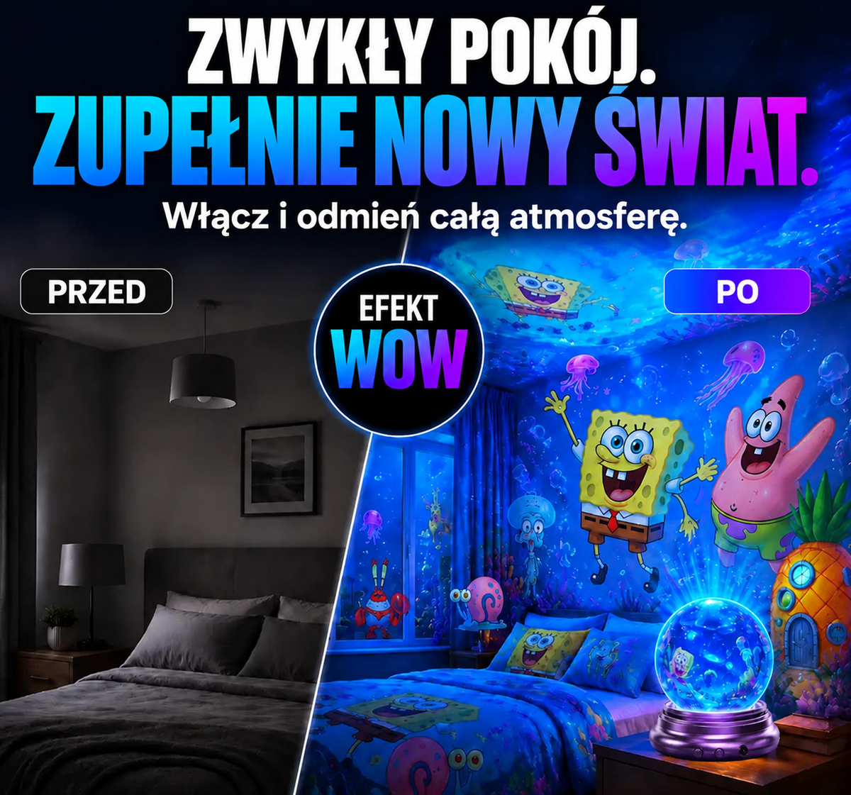Pokój przed i po włączeniu projektora