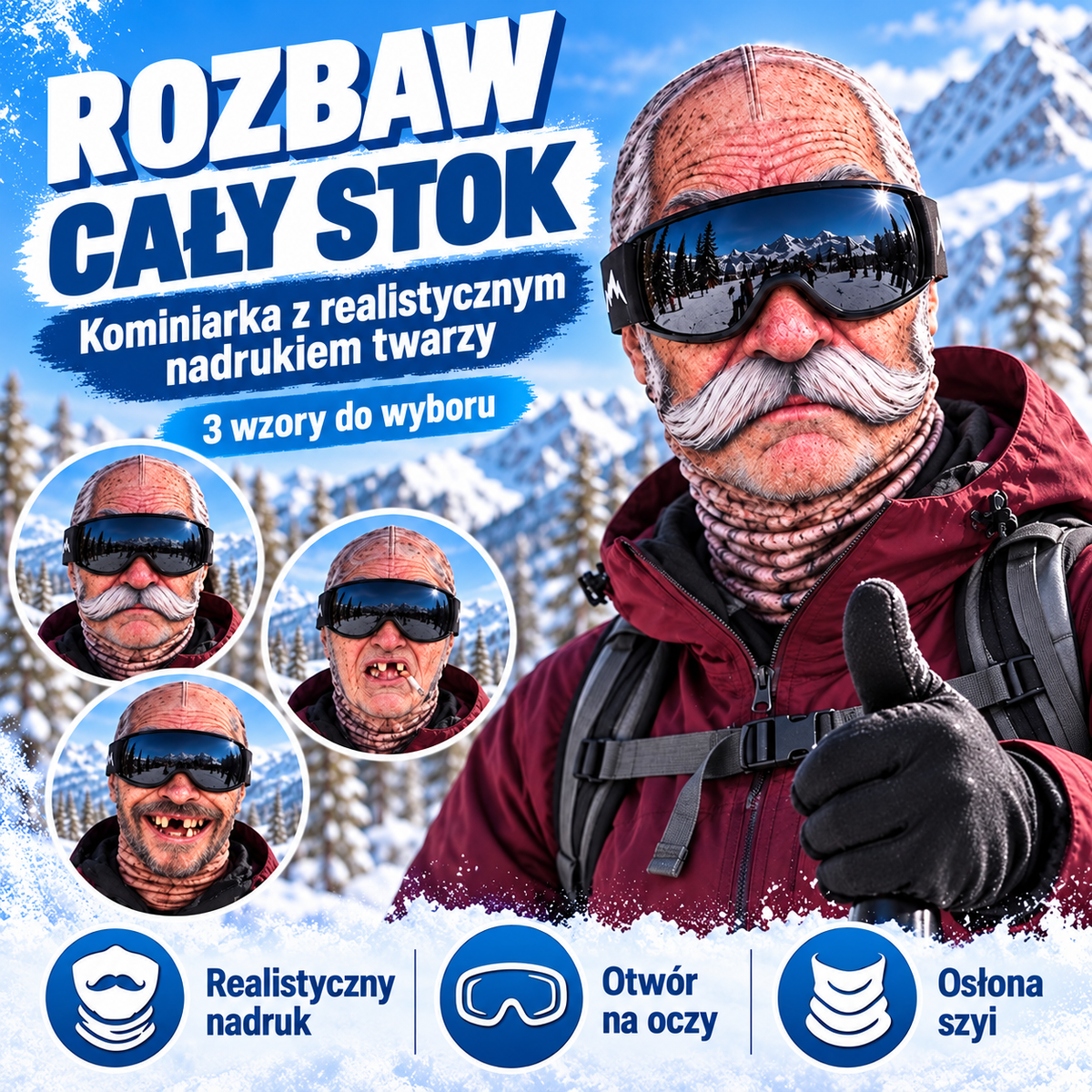 Rozbaw cały stok — kominiarka z realistycznym nadrukiem twarzy