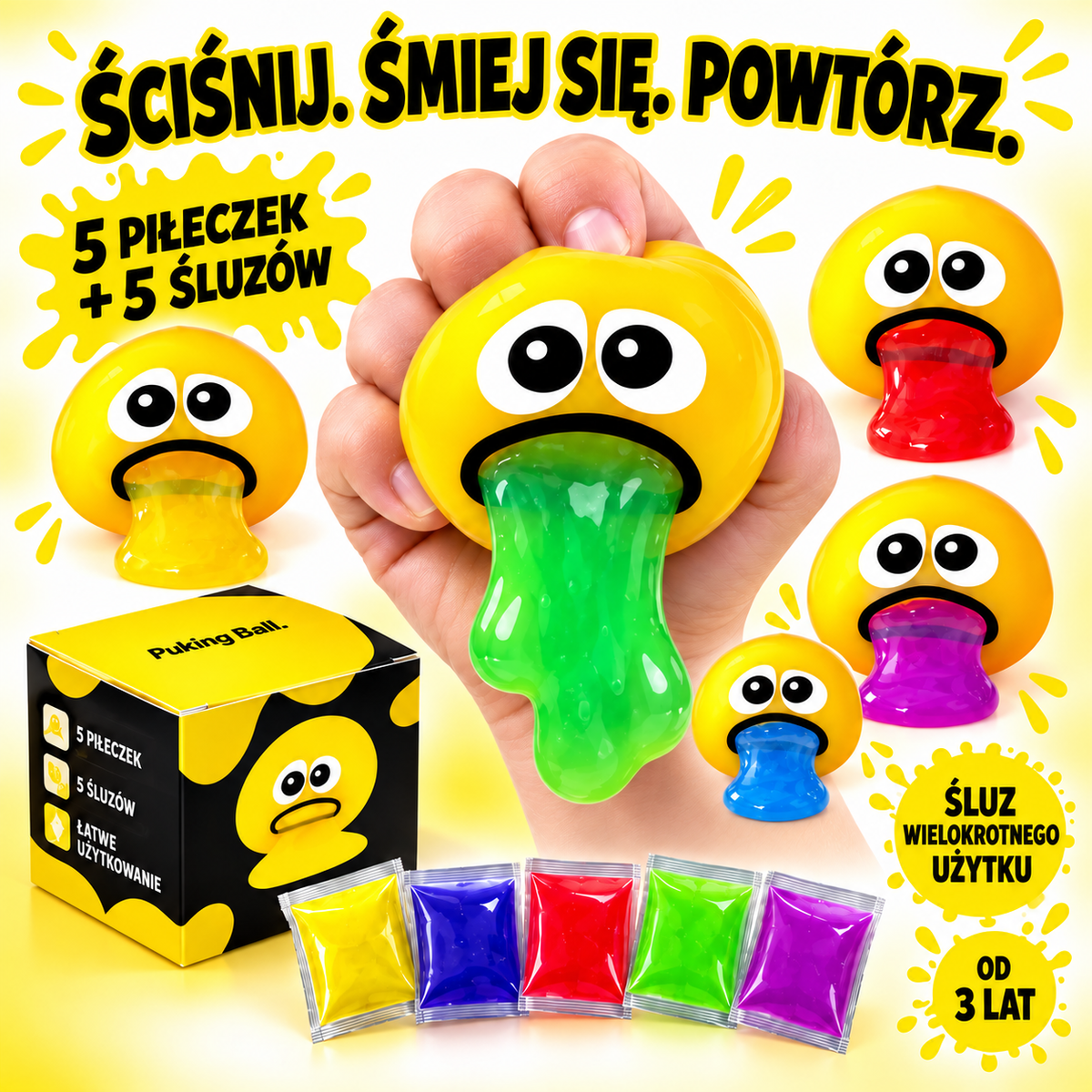 Zestaw 5 piłeczek Puking Ball z pięcioma śluzami