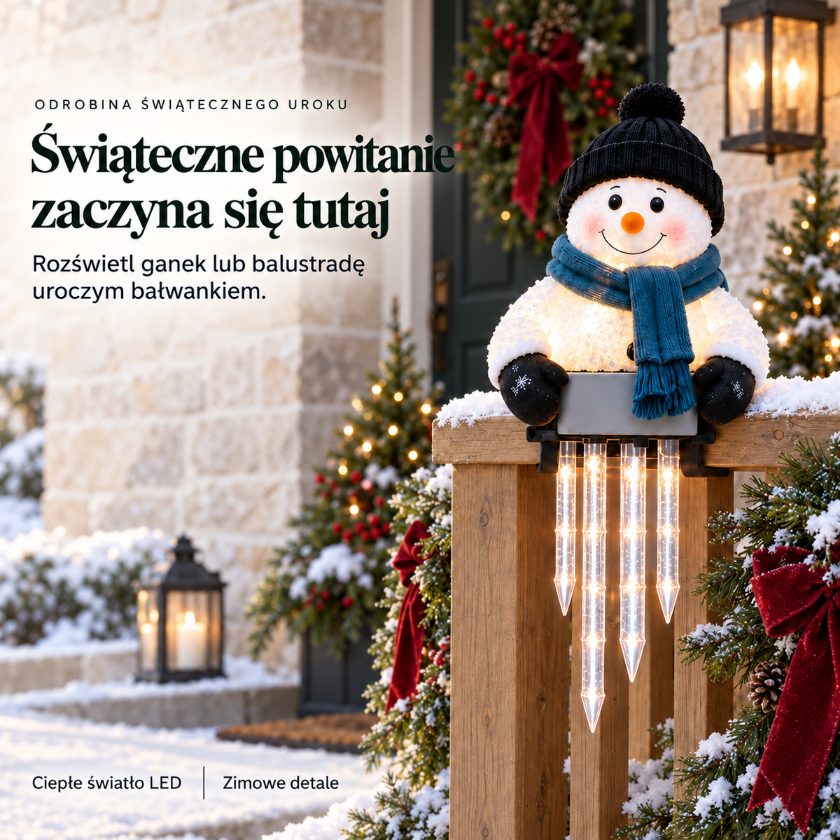 WinterGlow — świecący bałwanek z soplami na balustradę