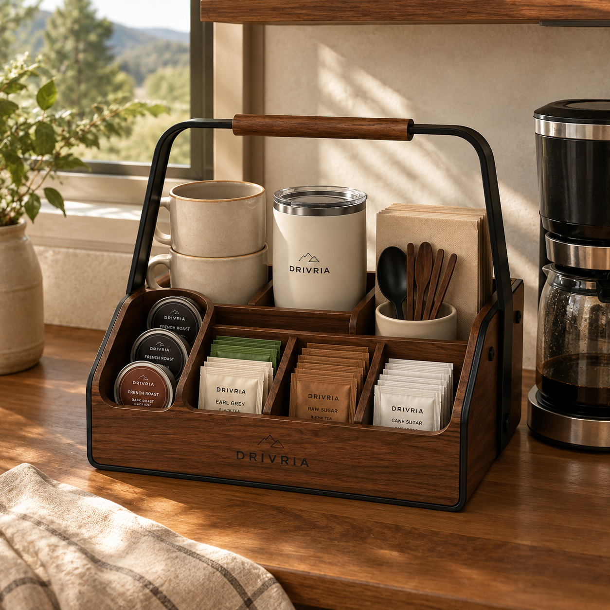 Drivria travel organizer on a road trip kitchen counter